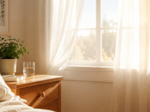 Bright bedroom window with soft morning light representing pelvic floor relaxation and tension release for women over 40