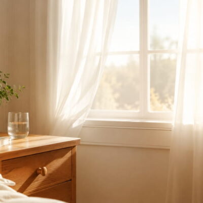 Bright bedroom window with soft morning light representing pelvic floor relaxation and tension release for women over 40
