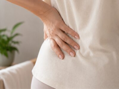 Woman's hand on lower back representing the connection between pelvic floor dysfunction and lower back pain in women over 40
