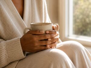 Pelvic floor daily life after 40 — woman's hands holding ceramic mug by bright window — how pelvic floor dysfunction affects confidence activity and daily life in midlife