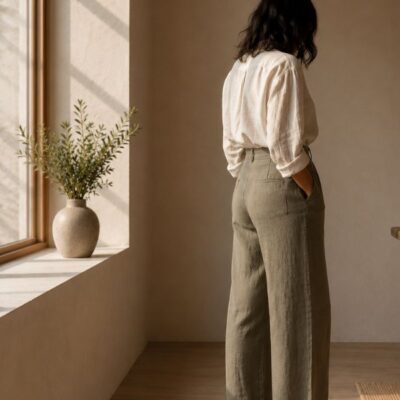 Pelvic floor and hip pain after 40 — woman's hip and lower back in cream linen trousers — how pelvic floor dysfunction and hip pain share the same root cause in midlife women