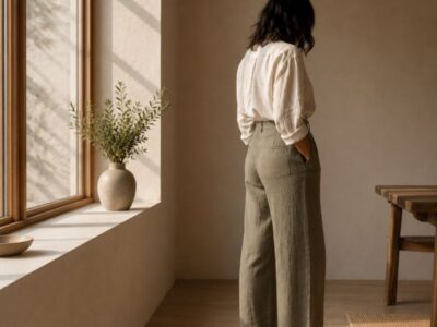 Pelvic floor and hip pain after 40 — woman's hip and lower back in cream linen trousers — how pelvic floor dysfunction and hip pain share the same root cause in midlife women