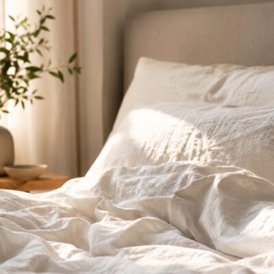 Pelvic floor and sleep after 40 — soft white linen bed in morning light — how sleep quality and pelvic floor function affect each other in midlife women