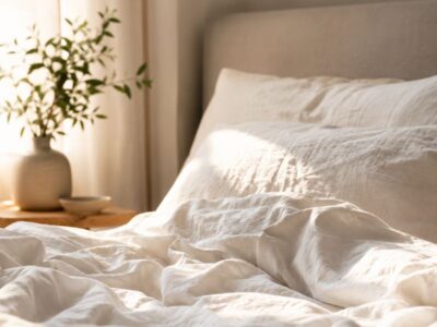 Pelvic floor and sleep after 40 — soft white linen bed in morning light — how sleep quality and pelvic floor function affect each other in midlife women