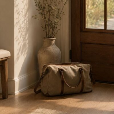 Pelvic floor and travel after 40 — small travel bag by front door in morning light — how pelvic floor symptoms affect travel and what helps in midlife women