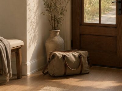 Pelvic floor and travel after 40 — small travel bag by front door in morning light — how pelvic floor symptoms affect travel and what helps in midlife women