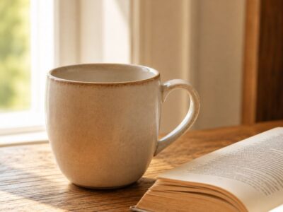 Stress and your pelvic floor after 40 — ceramic mug and open book on wooden surface — how emotional stress drives pelvic floor tension in midlife women