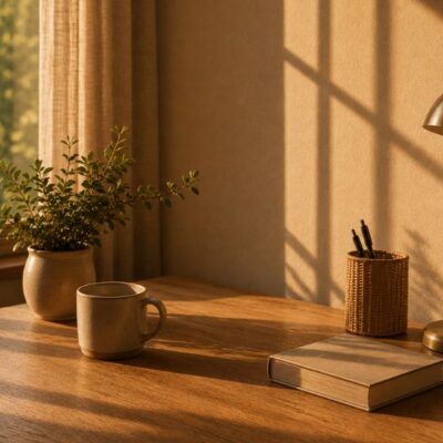 Pelvic floor symptoms worse in afternoon after 40 — wooden desk in warm late afternoon light — why pelvic floor symptoms worsen through the day in midlife women