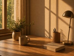 Pelvic floor symptoms worse in afternoon after 40 — wooden desk in warm late afternoon light — why pelvic floor symptoms worsen through the day in midlife women