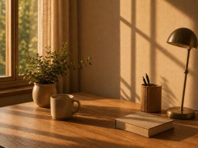 Pelvic floor symptoms worse in afternoon after 40 — wooden desk in warm late afternoon light — why pelvic floor symptoms worsen through the day in midlife women