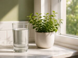 The bladder connection most women never hear about — glass of water on a kitchen windowsill — a whole-body piece of bladder health