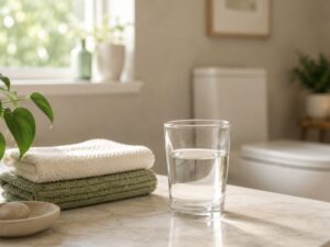 Bright modern bathroom with a glass of water, folded towels, and a potted plant on a marble countertop, symbolizing bladder health and hydration.
