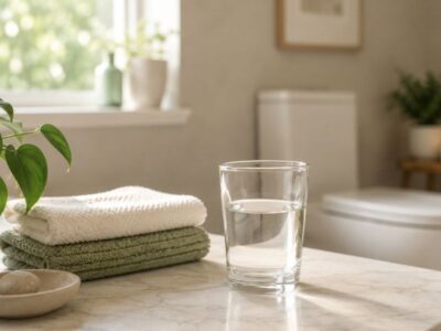 Bright modern bathroom with a glass of water, folded towels, and a potted plant on a marble countertop, symbolizing bladder health and hydration.