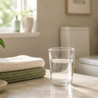 Bright modern bathroom with a glass of water, folded towels, and a potted plant on a marble countertop, symbolizing bladder health and hydration.