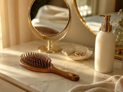 Bladder health, skin, hair, and nails — vanity with a hairbrush and mirror — the shared connective tissue connection