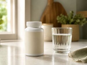 What to look for in a bladder health supplement — supplement bottle and glass of water on a kitchen counter — a simple buying guide