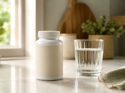 What to look for in a bladder health supplement — supplement bottle and glass of water on a kitchen counter — a simple buying guide