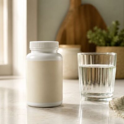 What to look for in a bladder health supplement — supplement bottle and glass of water on a kitchen counter — a simple buying guide