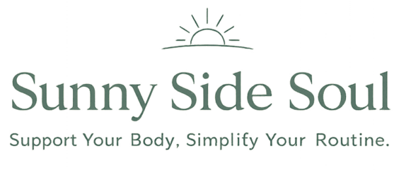 Minimal sage green logo for Sunny Side Soul with sun icon and wellness tagline , Support Your Body. Simplify Your Routine.